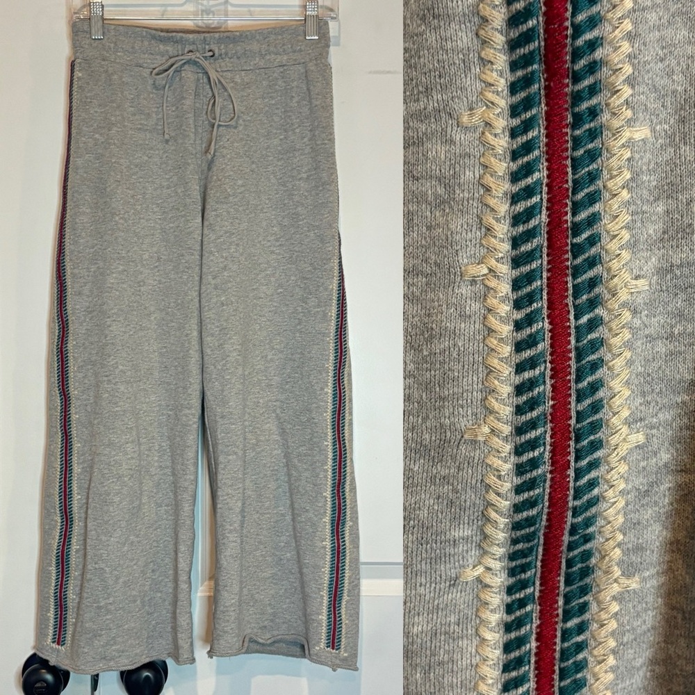 JW Los Angeles Johnny Was Kaira Gray French Terry Embroidered Crop Sweatpants S
